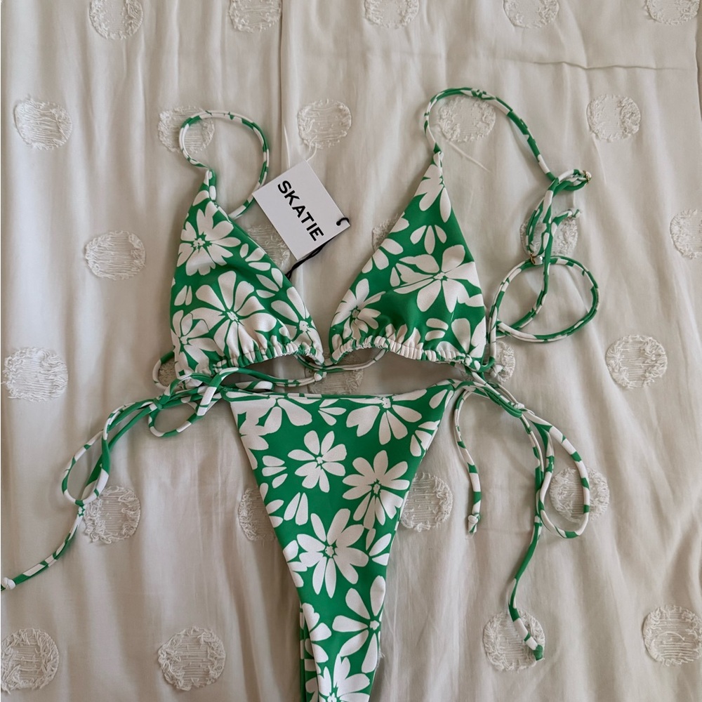 Skatie Green and White Floral String Bikini